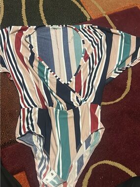 Charlotte Russe Striped Surplice Bodysuit in Teal, Navy, Red & Cream